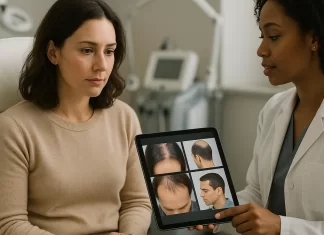 Jak metamorfoza fryzury może poprawić pewność siebie kobieta konsultuje metamorfozę fryzury w klinice odbudowy włosów
